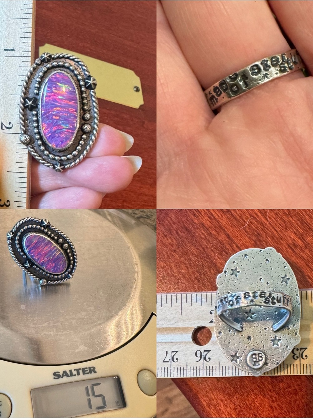 Blue and Blue Artisan Sterling Silver Pink Aura Opal Cosmos Star Statement Ring - Picture 12 of 16